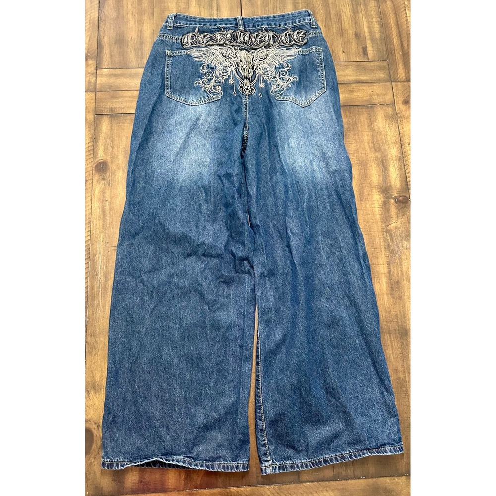ROMWE Resilience Skull Wing Embroidered Wide Leg Baggy Jeans Dark Wash L 8/10